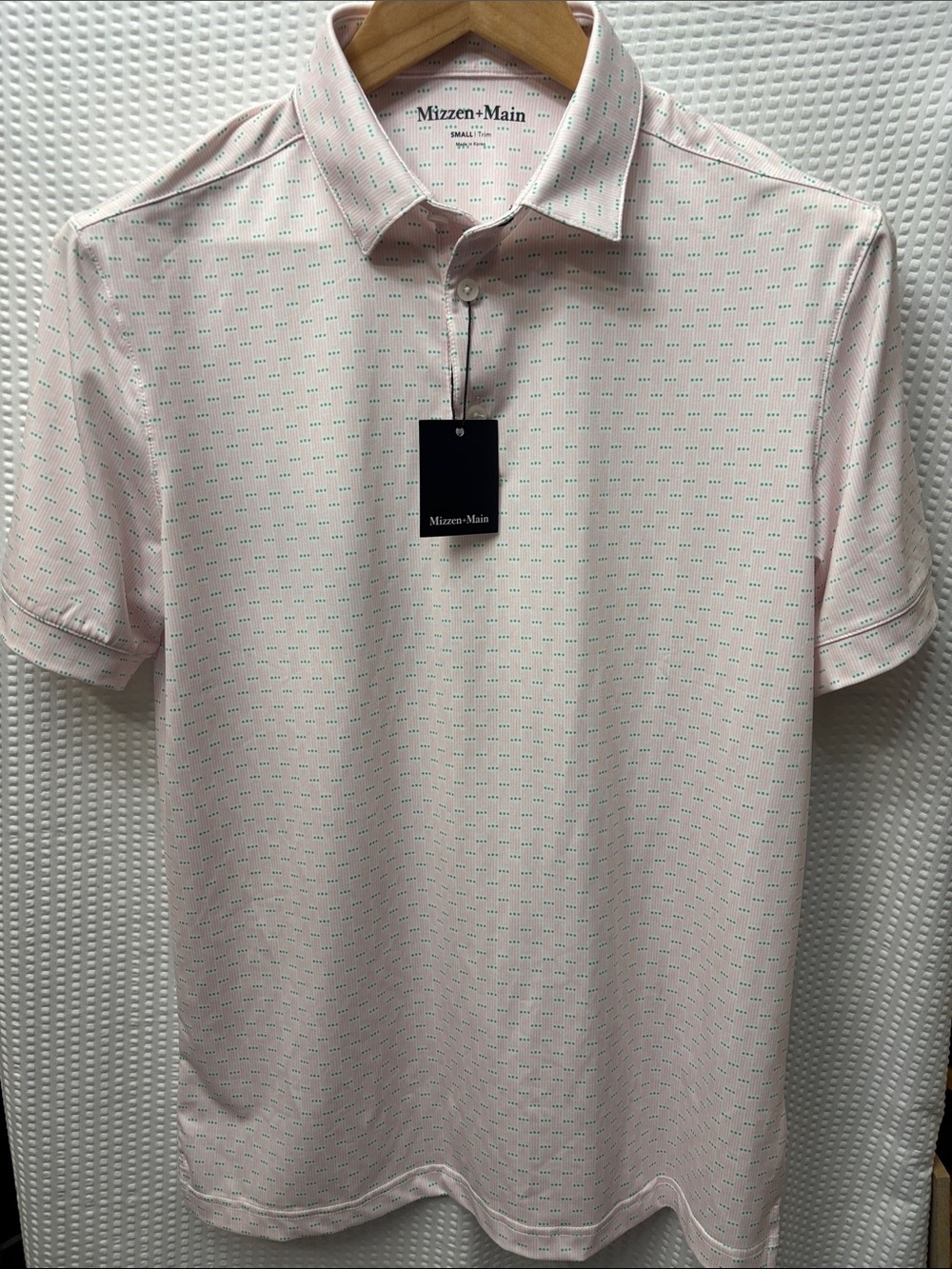 Mizzen+Main Pale Pink Polo with Mint Micro-Pattern Sz small